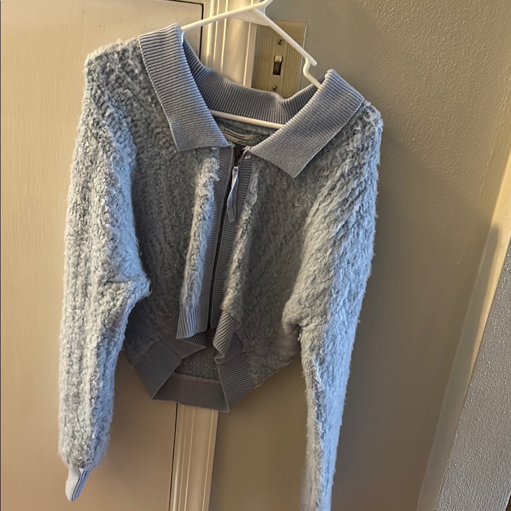 Anthropologie Blue Cardigan Sweater with Textured Sleeves